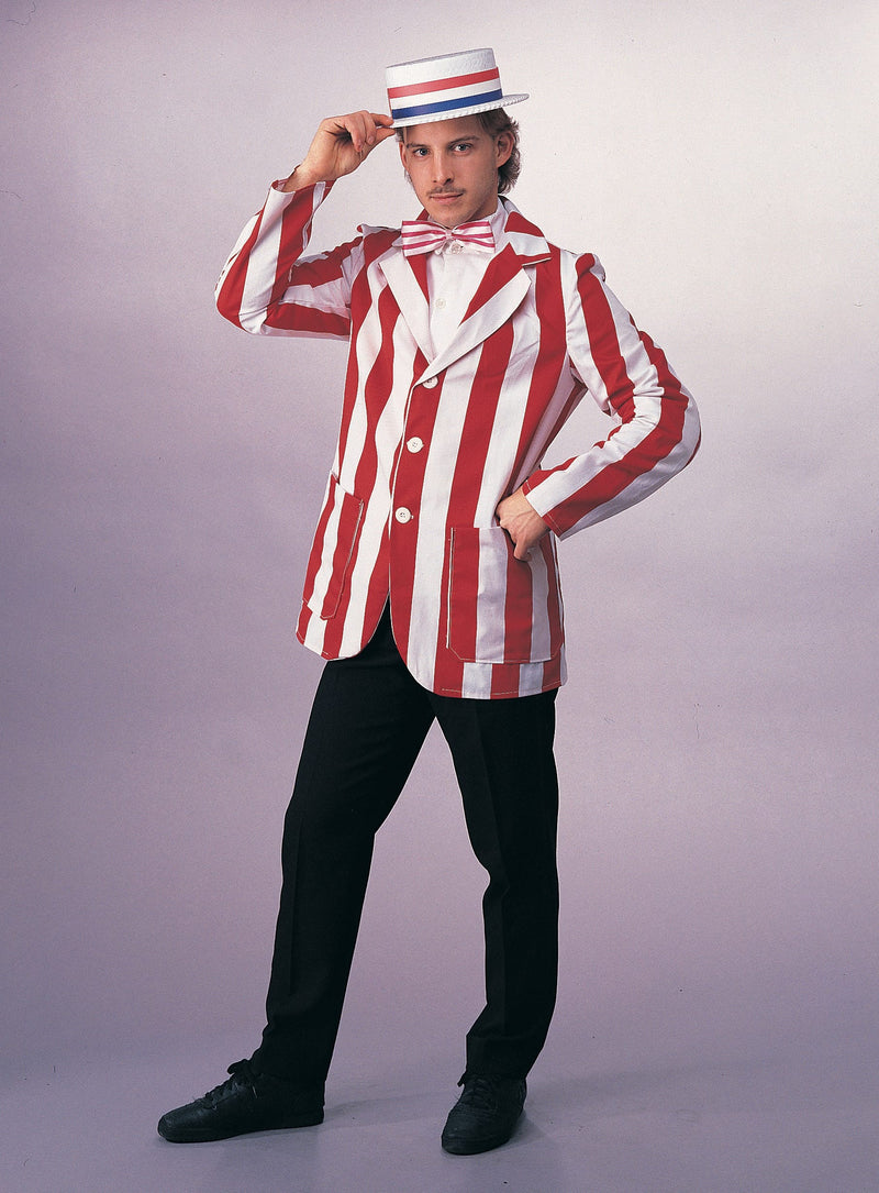 Adult red and white vertical-striped blazer with notched lapels and white button closure, front view