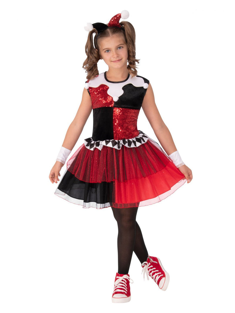 Kids Harley Quinn Jester Costume - DC Villain Dress with Tutu & Horns