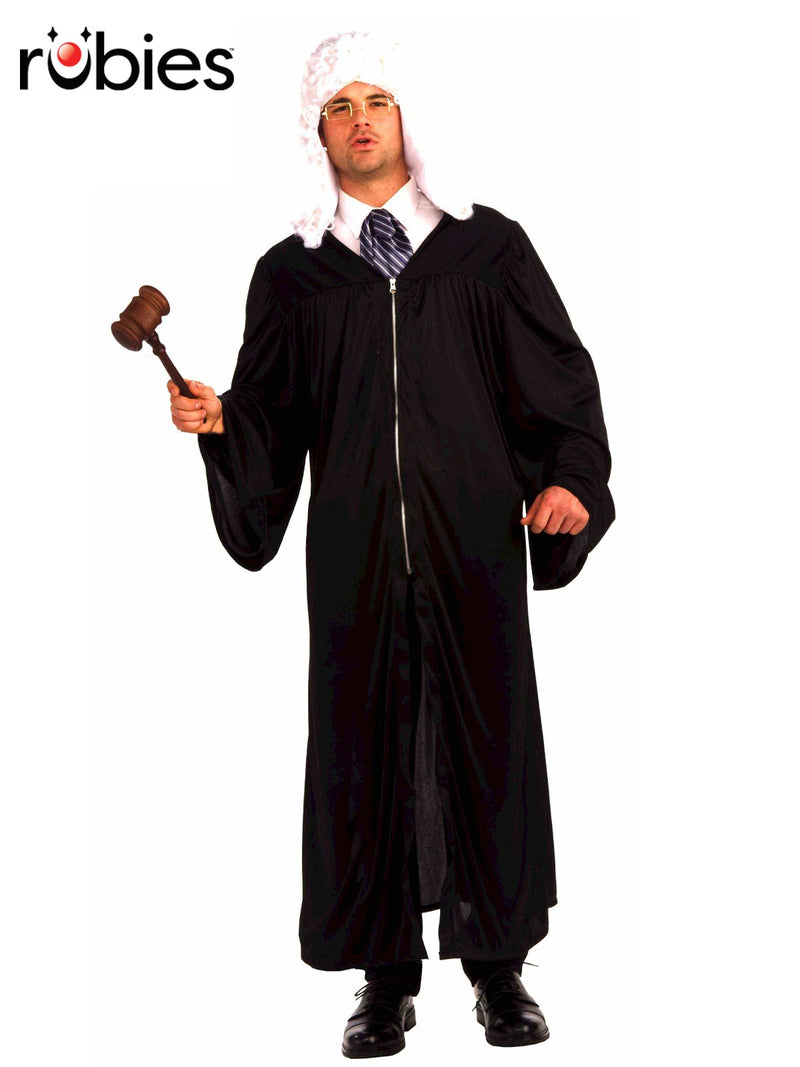 Adult wearing full-length black judge robe costume with wide trumpet sleeves