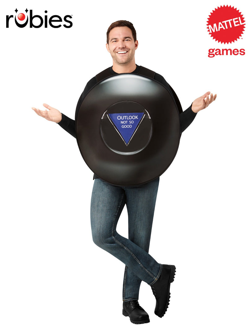 Adult Magic 8-Ball costume front view showing glossy black foam tabard with answer card window