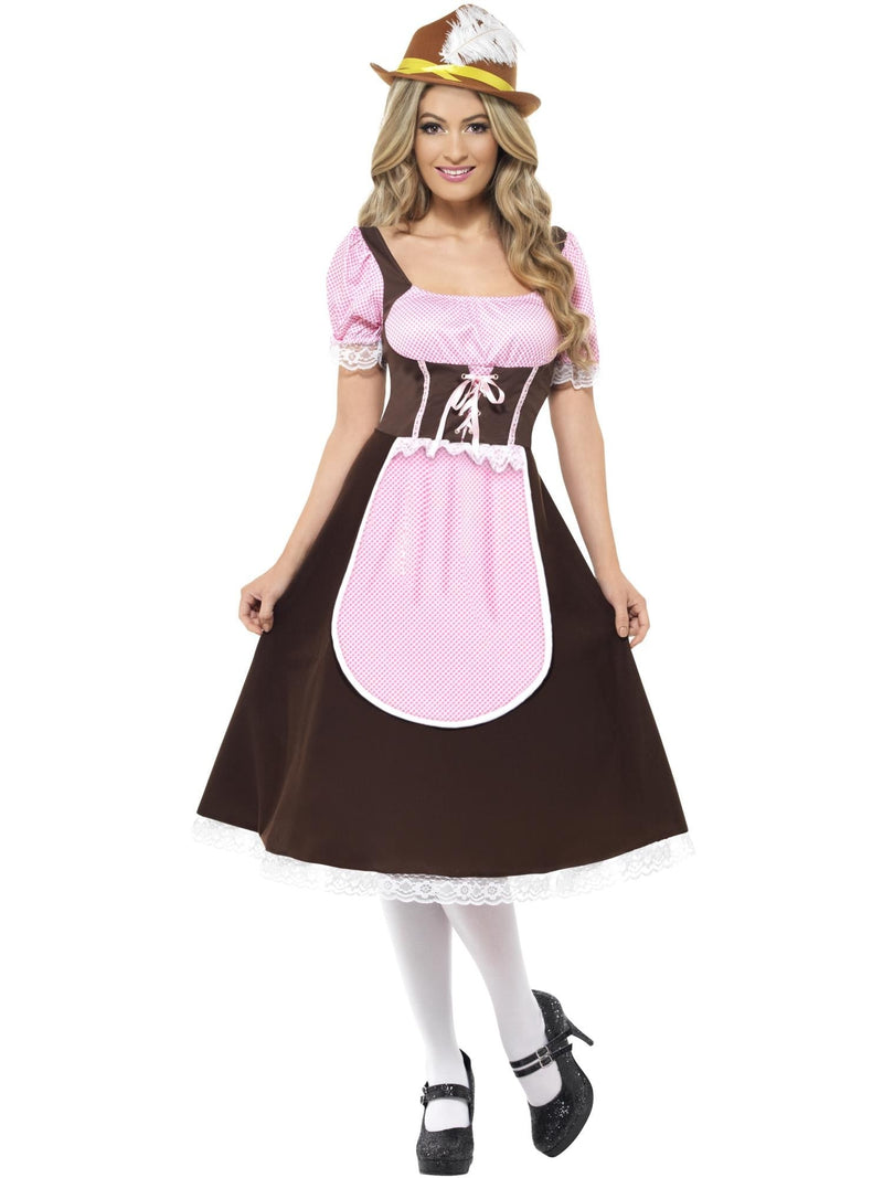 Womens Bavarian Beer Maid Costume with chocolate brown bodice and pink gingham apron - front view