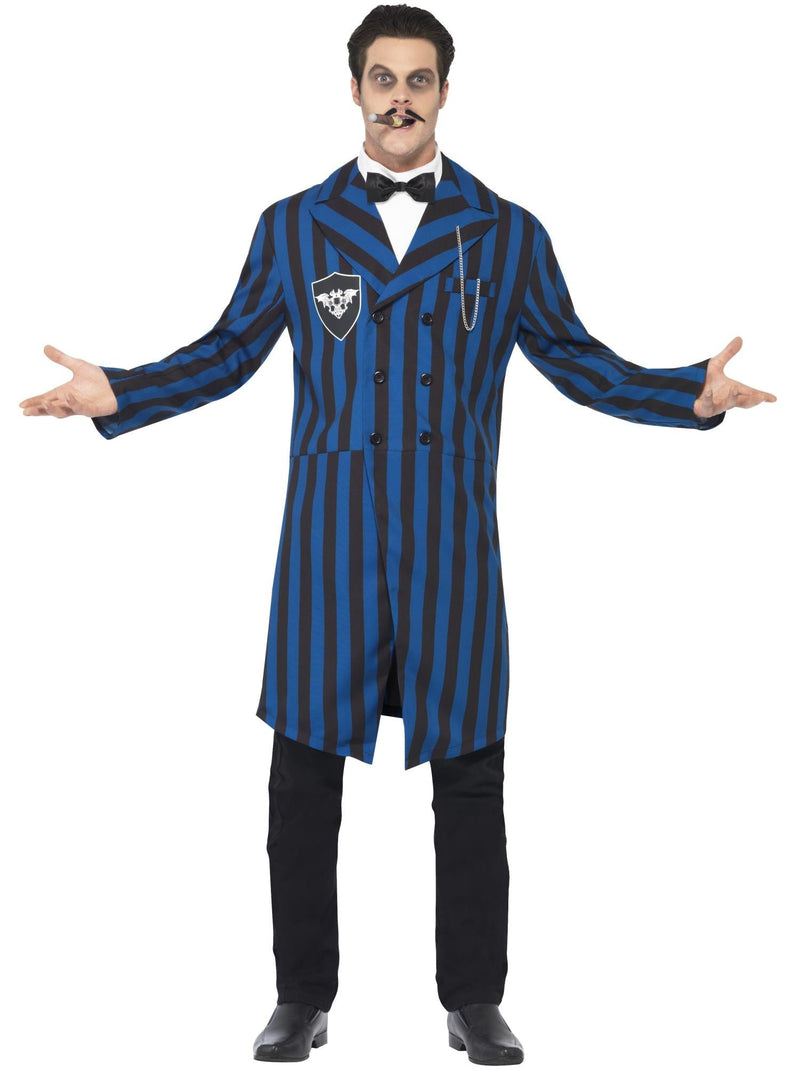 Mens Duke of the Manor Costume - front view showing royal blue striped jacket with printed buttons and chain