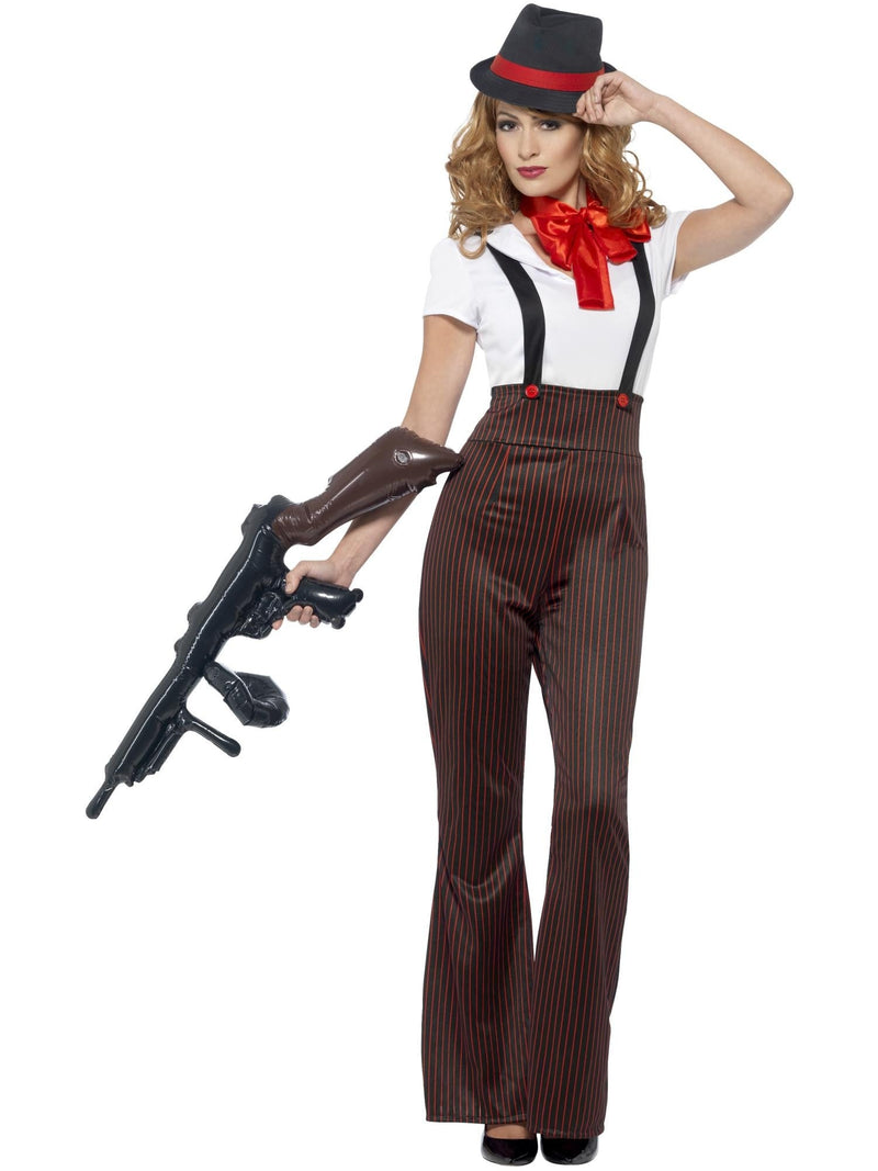 Womens 1940s gangster costume with pinstripe trousers and fedora hat - front view