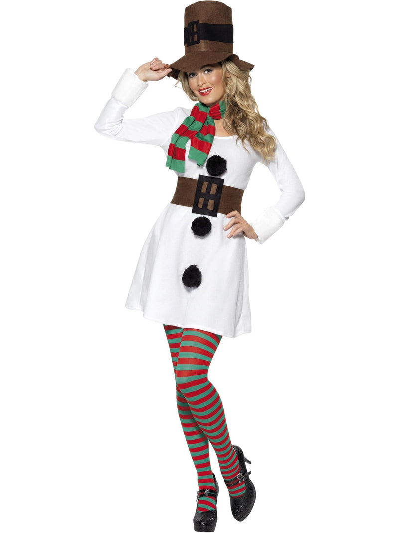 Womens snowman Christmas costume white dress with black pom-pom buttons, brown top hat, red-green striped scarf