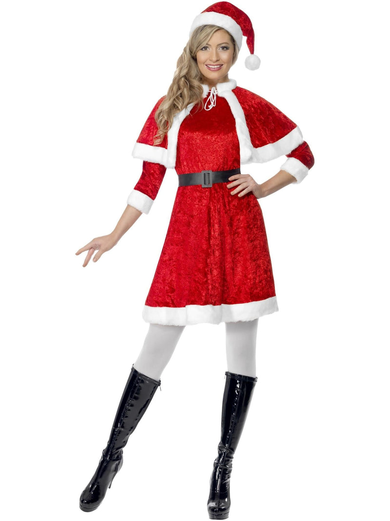 Womens Mrs Claus costume with red velour dress and white fur trim