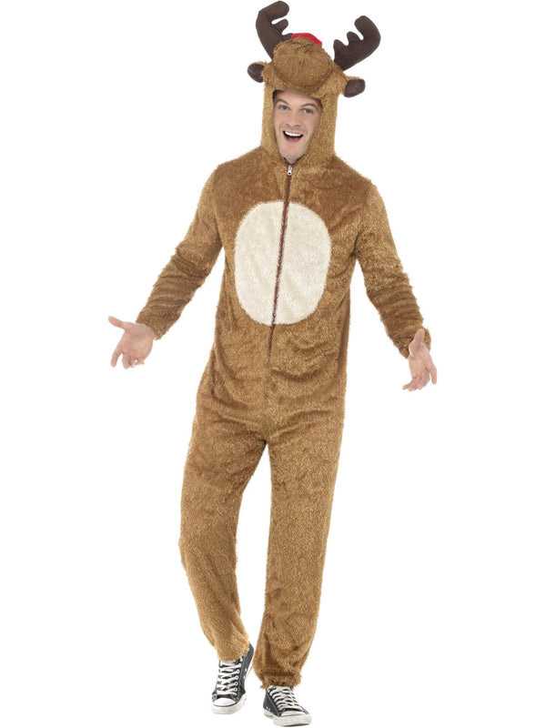 Adult wearing brown plush reindeer onesie with 3D antlers and red nose, front view