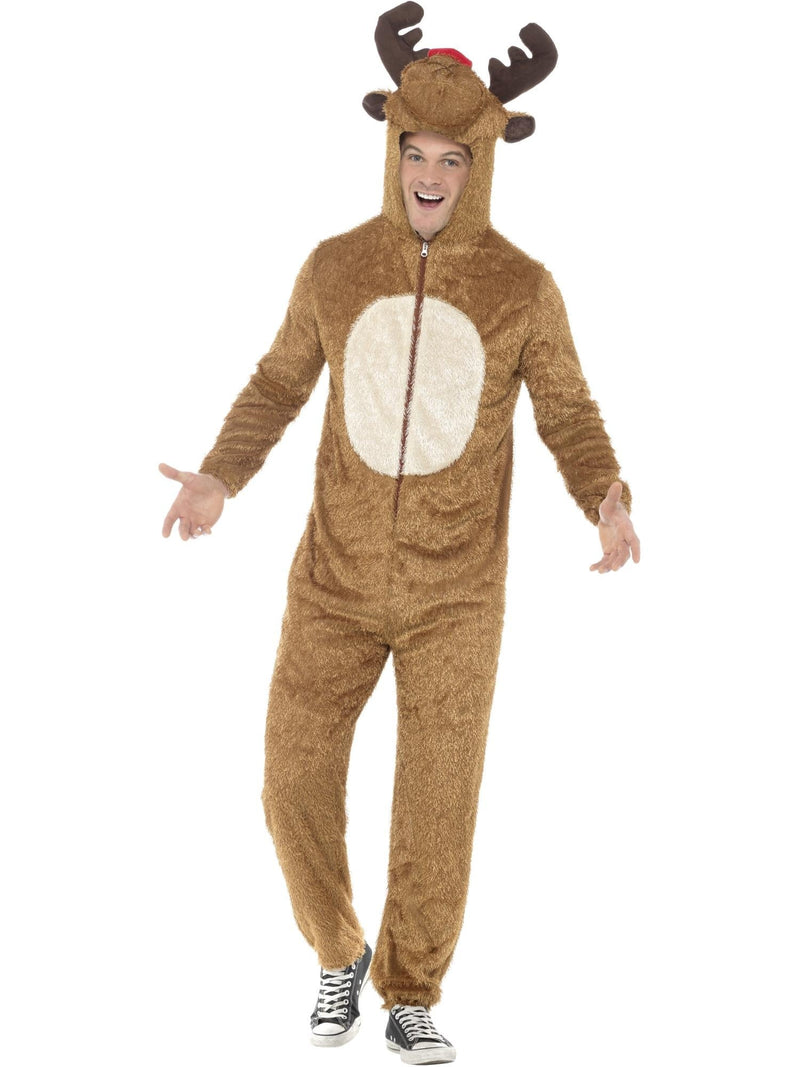 Adult wearing brown plush reindeer onesie with 3D antlers and red nose, front view