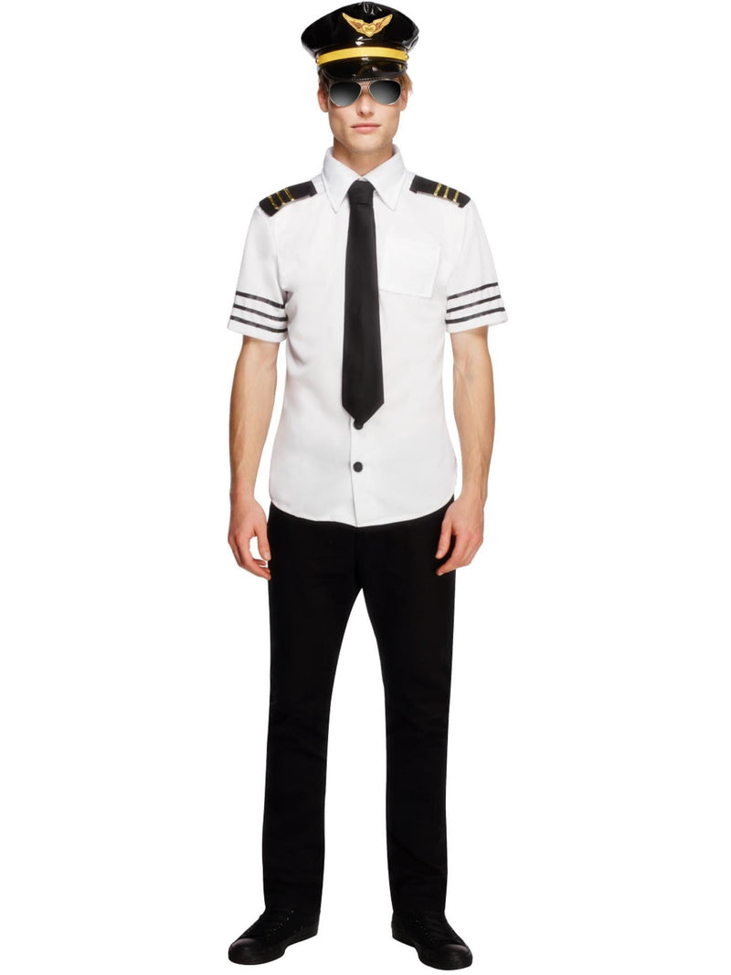 Mens Mile High Pilot Costume front view showing white captain shirt with gold epaulettes, black tie, peaked aviator hat with wings emblem, and gradient aviator sunglasses