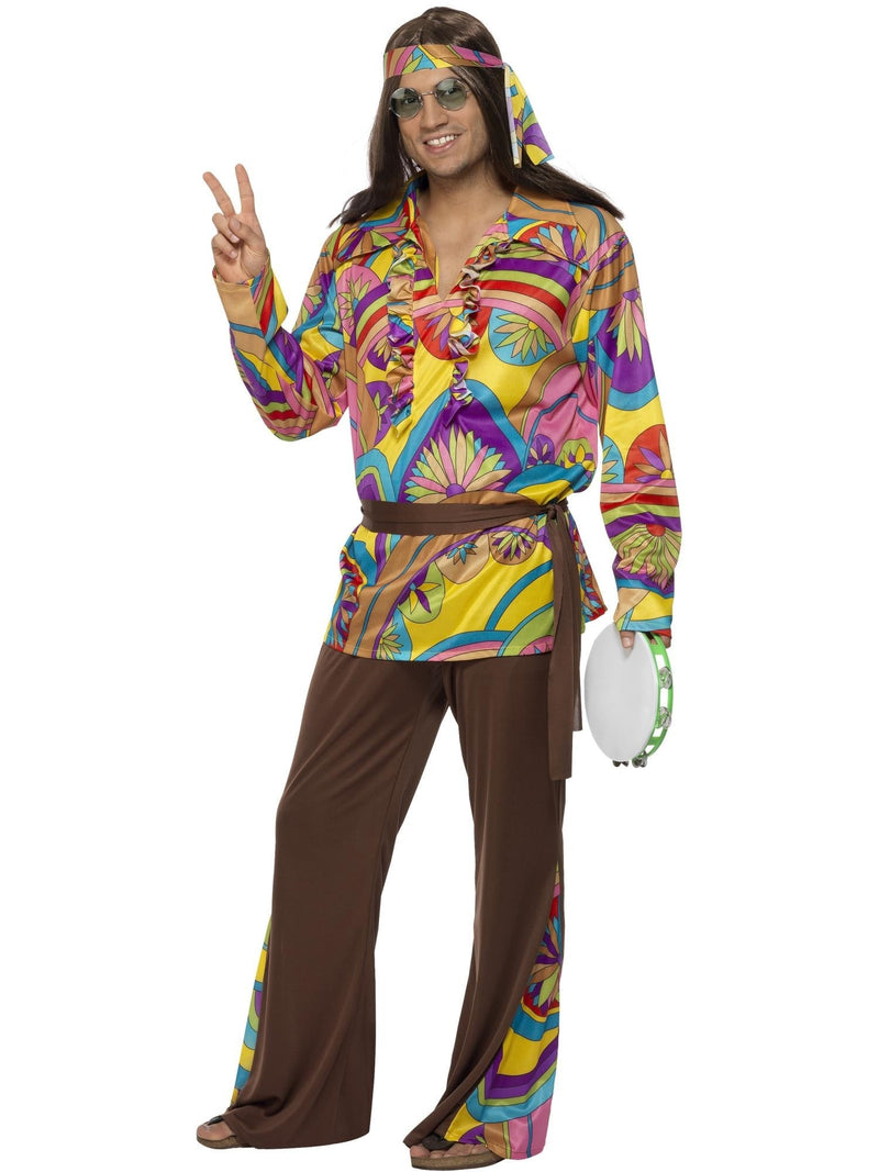 Mens 60s Hippie Costume with yellow psychedelic shirt and brown flared pants