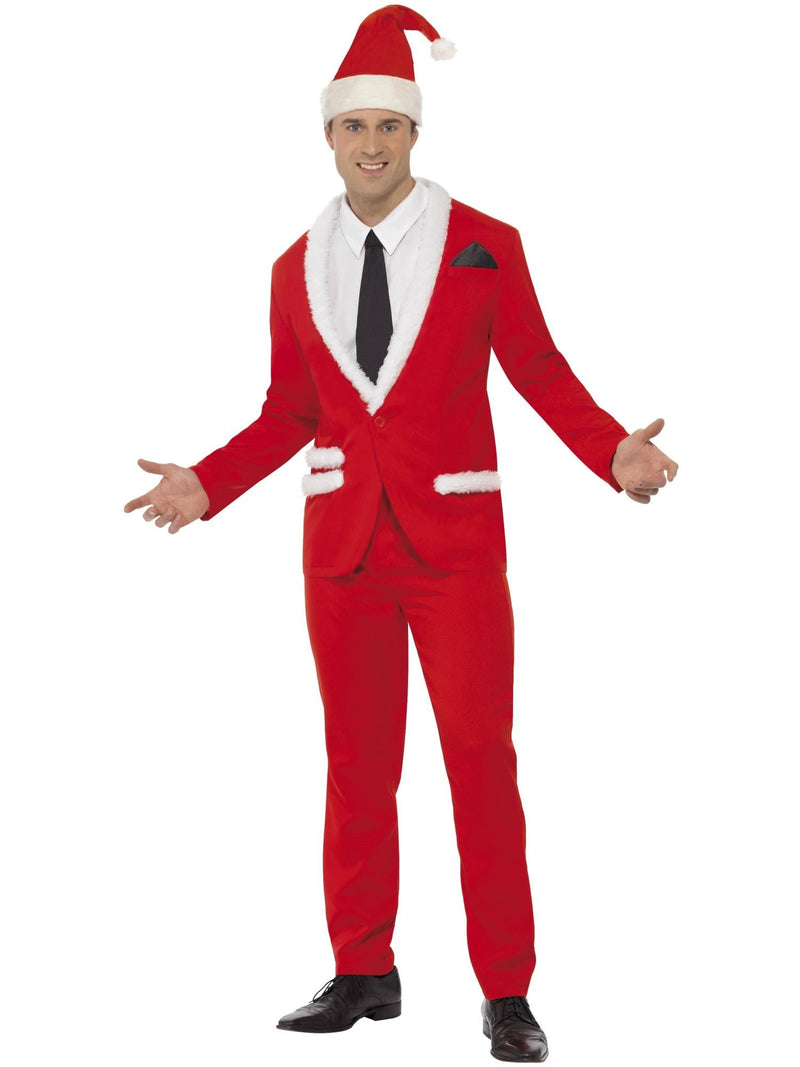 Mens red Santa business suit with white fur trim lapels and cuffs, dress shirt, black tie, Santa hat