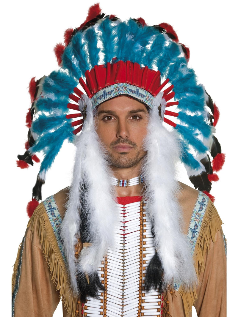 Adult turquoise feather headdress with beaded headband and white fur tails