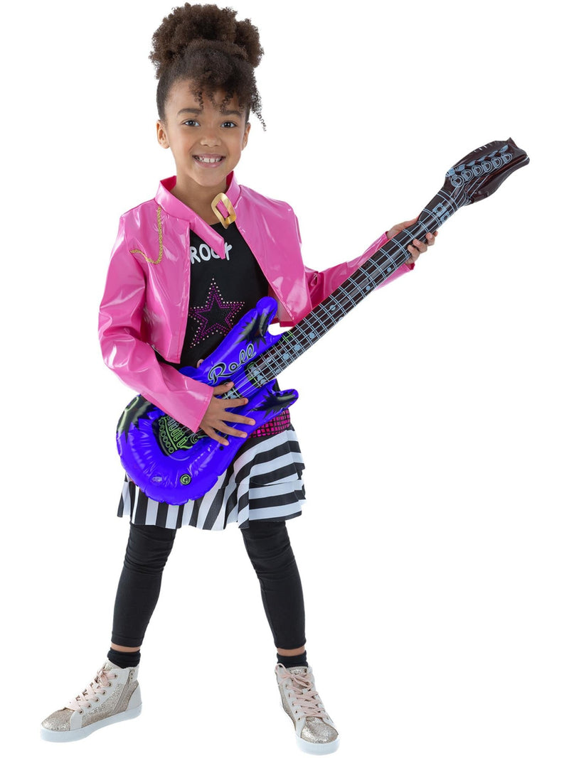 Kids 80s Rock Star Costume with hot pink vinyl jacket and rhinestone star top