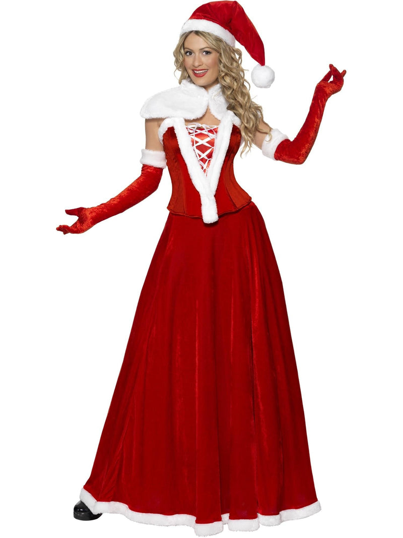 Womens Deluxe Mrs Claus Costume with red velour corset dress, white faux fur capelet, Santa hat and gloves — front view