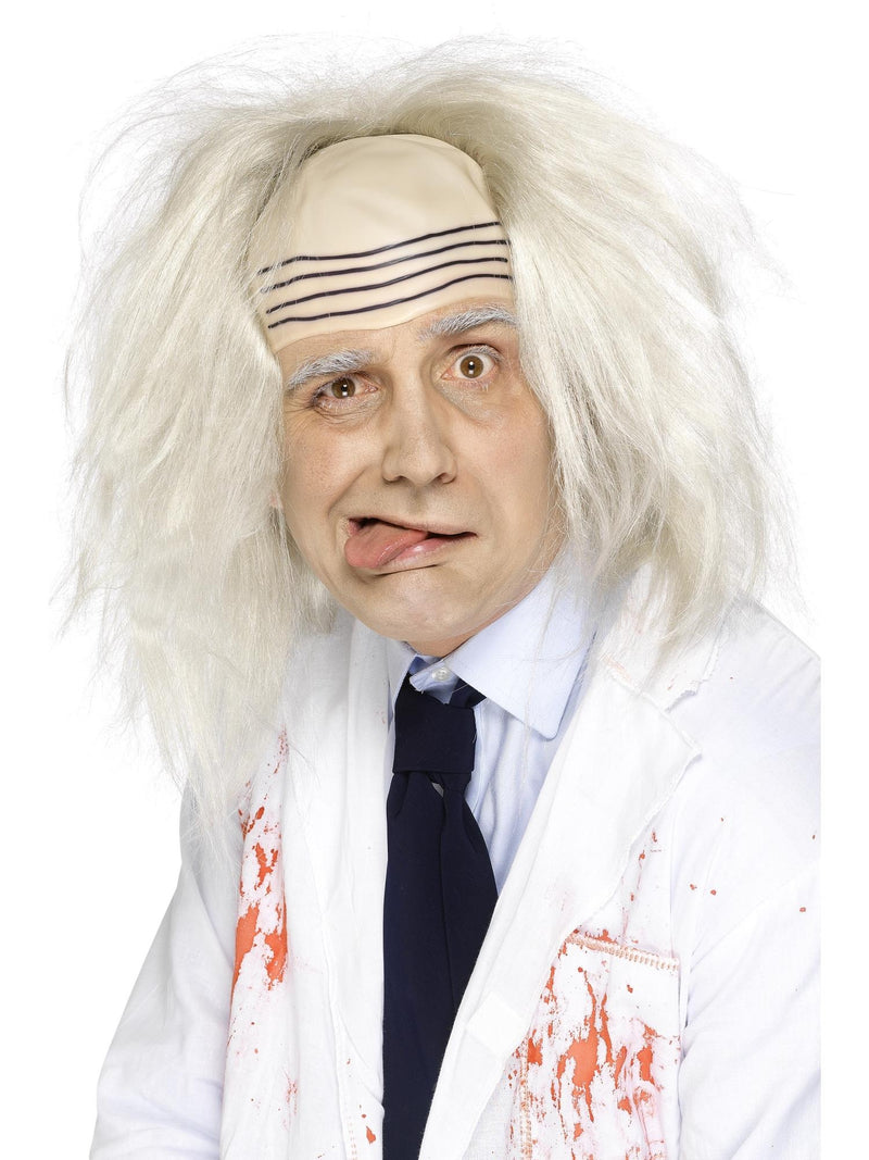 Adult white mad scientist wig with molded bald forehead cap and frizzy hair