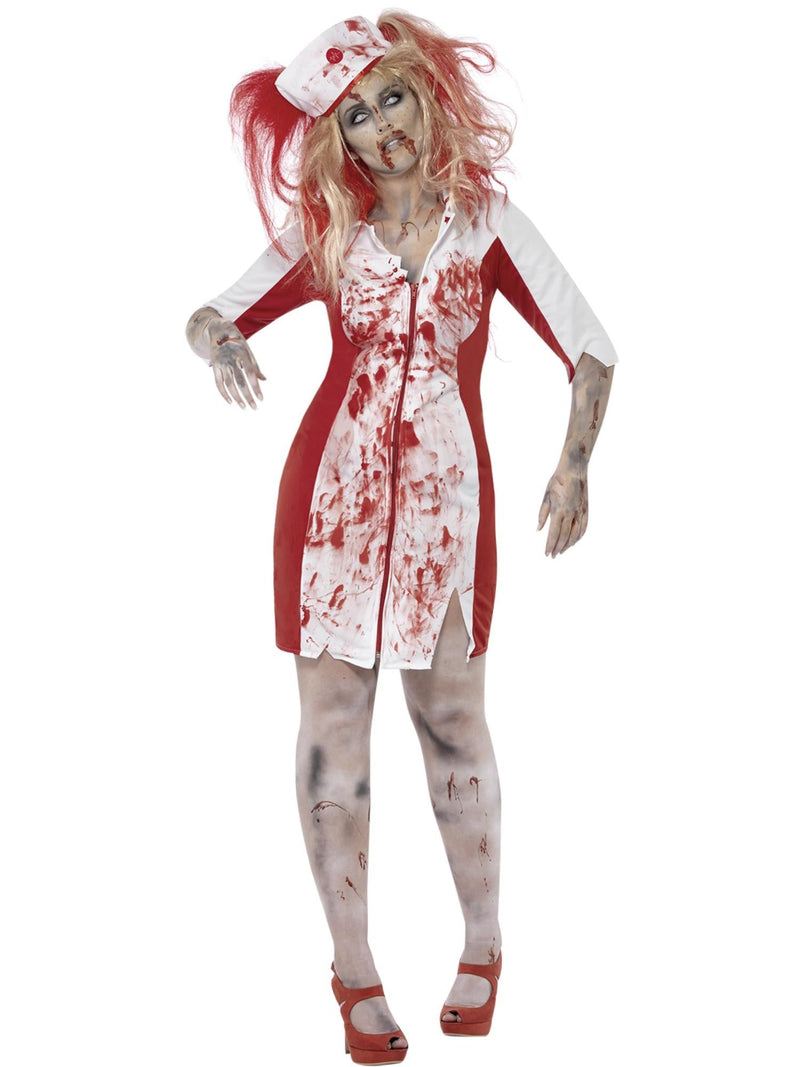 Womens plus size zombie nurse costume with blood-splattered red and white dress and nurse cap