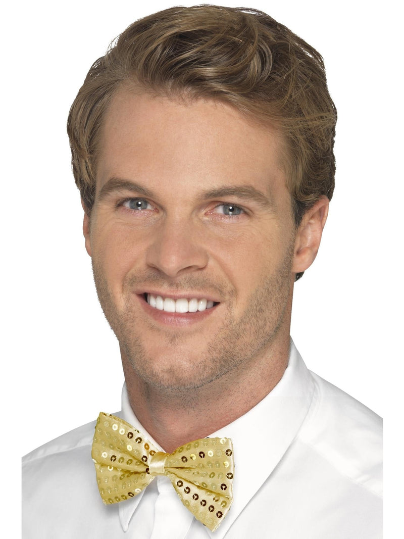 Gold sequin bow tie with sparkle embellishment for costume dress-up