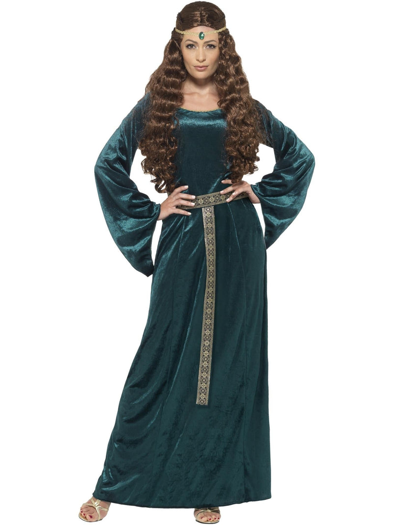 Adult Medieval Princess Costume - deep green velour gown with trumpet sleeves and gold-trimmed belt, front view