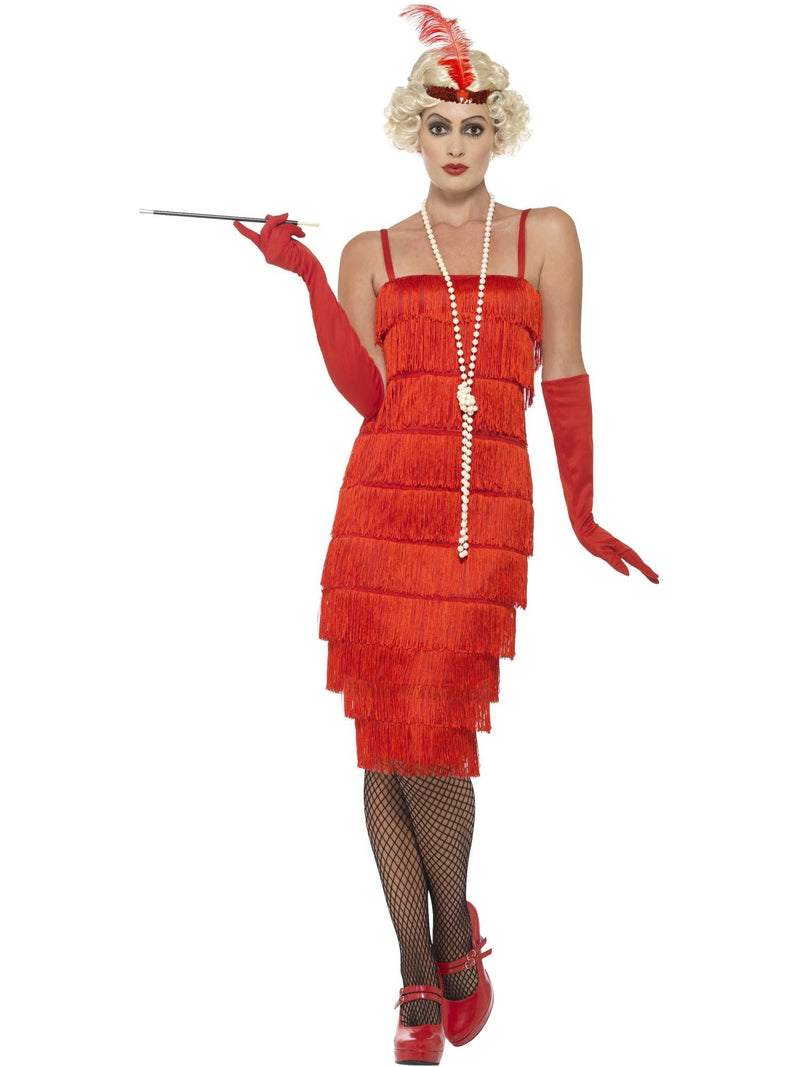 Womens red 1920s flapper costume with tiered fringe dress and feathered headband