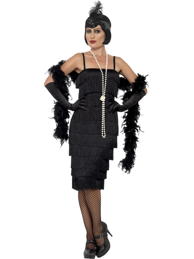 Womens 1920s Flapper Costume with black tiered fringe dress and feather headband
