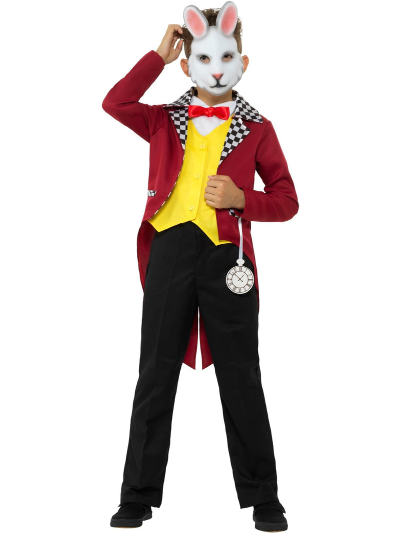 Kids White Rabbit costume with red tailcoat and yellow waistcoat, front view