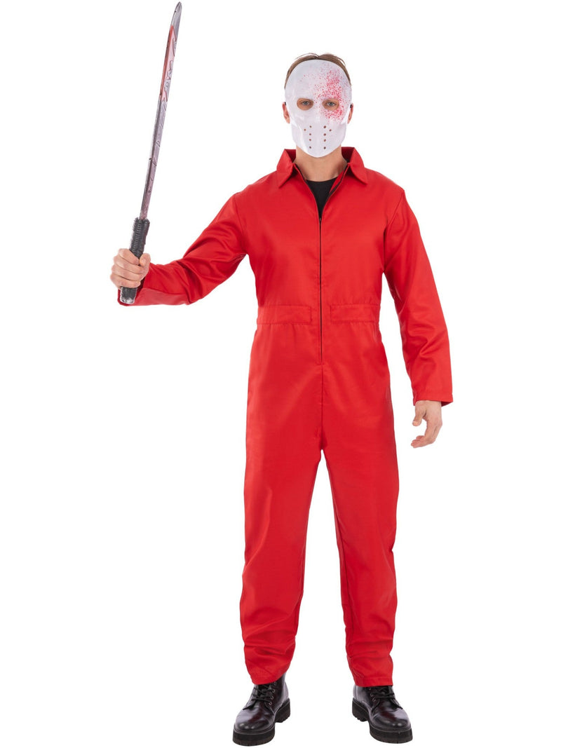 Adult wearing bright red full-body jumpsuit with hockey mask and prop weapon for bank heist costume