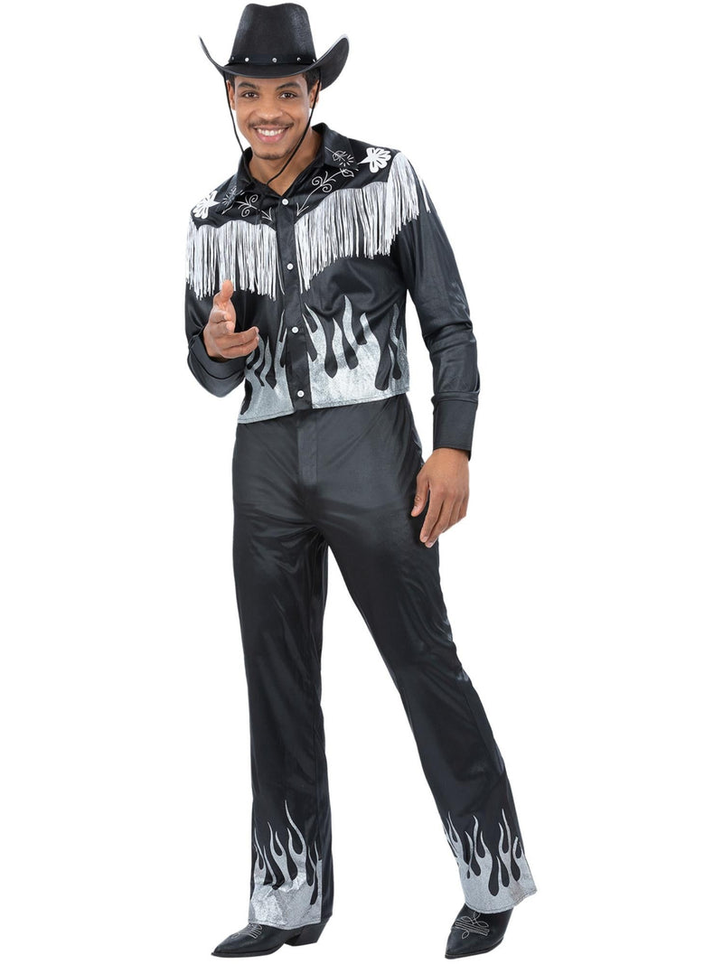Mens glamorous cowboy costume with black metallic shirt and silver flame print