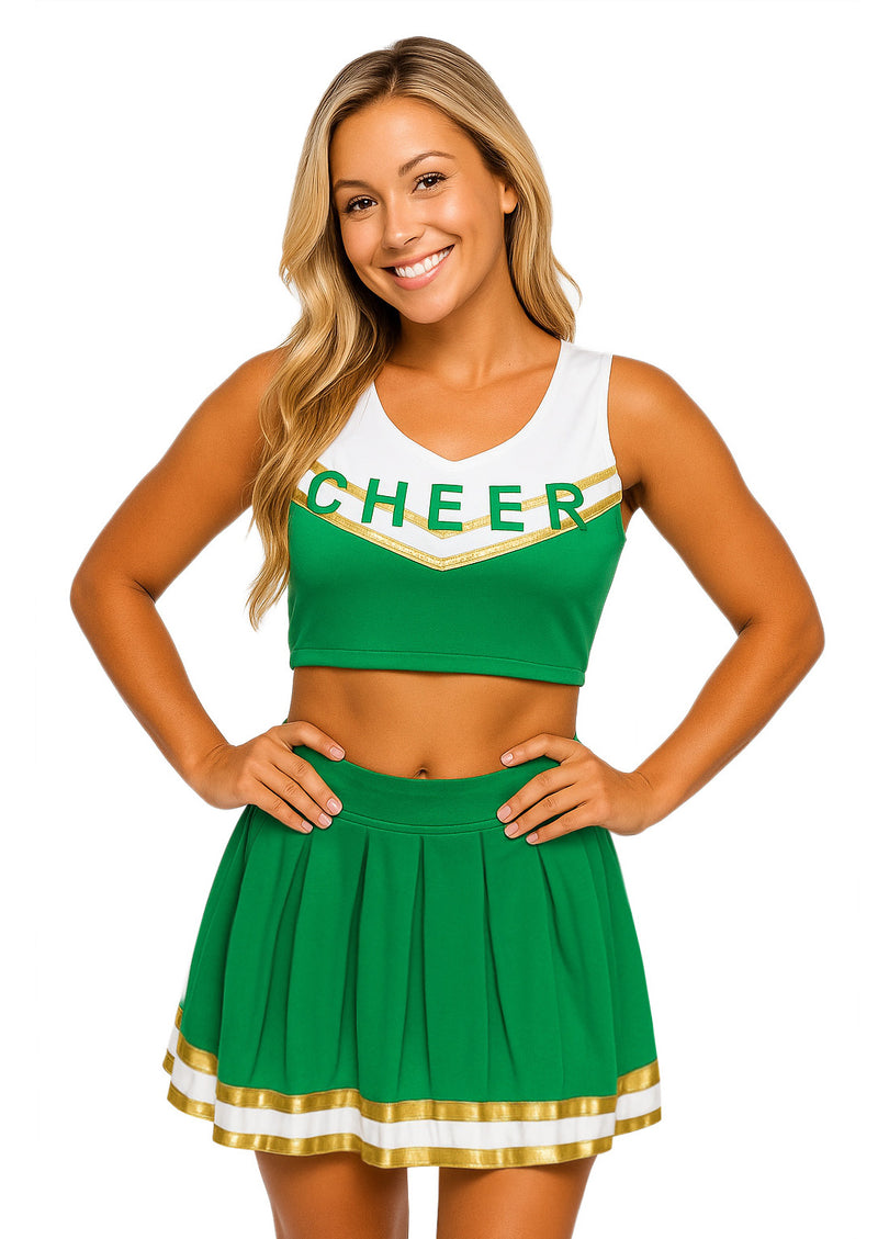 Womens Cheerleader Costume - Green Gold Spirit Squad Outfit