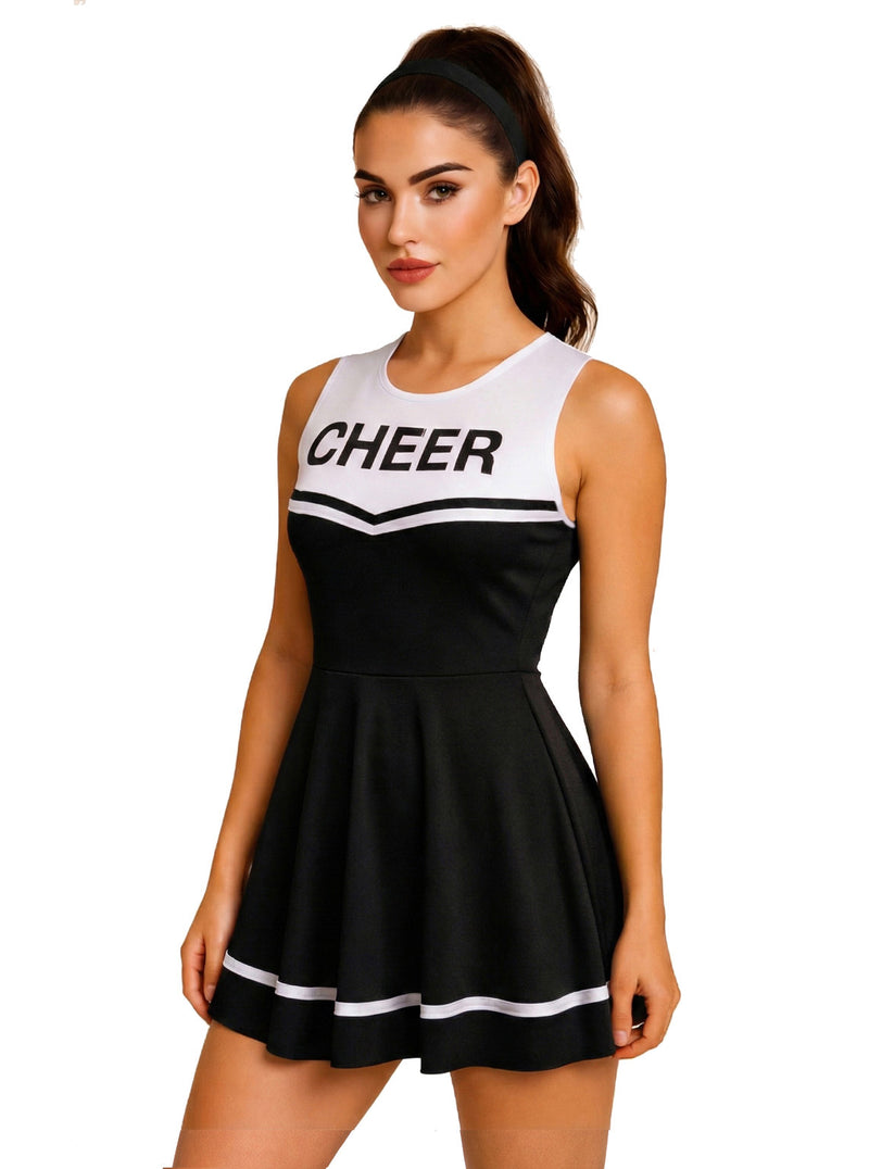 Black Ladies Cheerleader School Girl Uniform Fancy Dress Costume