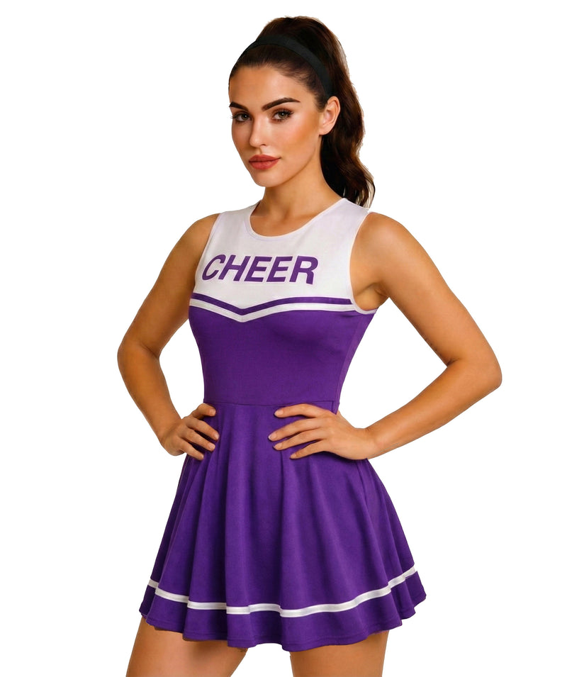 Purple Ladies Cheerleader School Girl Uniform Fancy Dress Costume