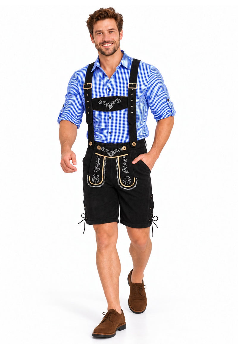 Black lederhosen costume with blue shirt and side lacing