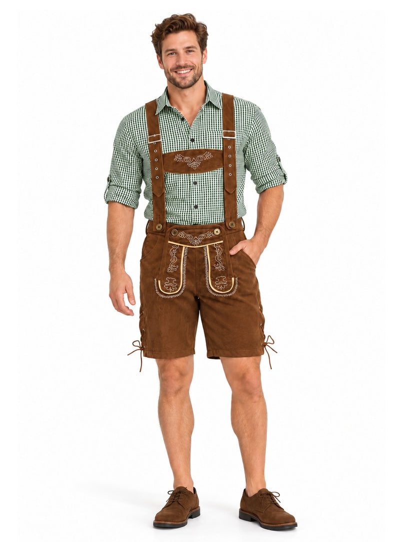 Full length Oktoberfest outfit with brown lederhosen and green check shirt