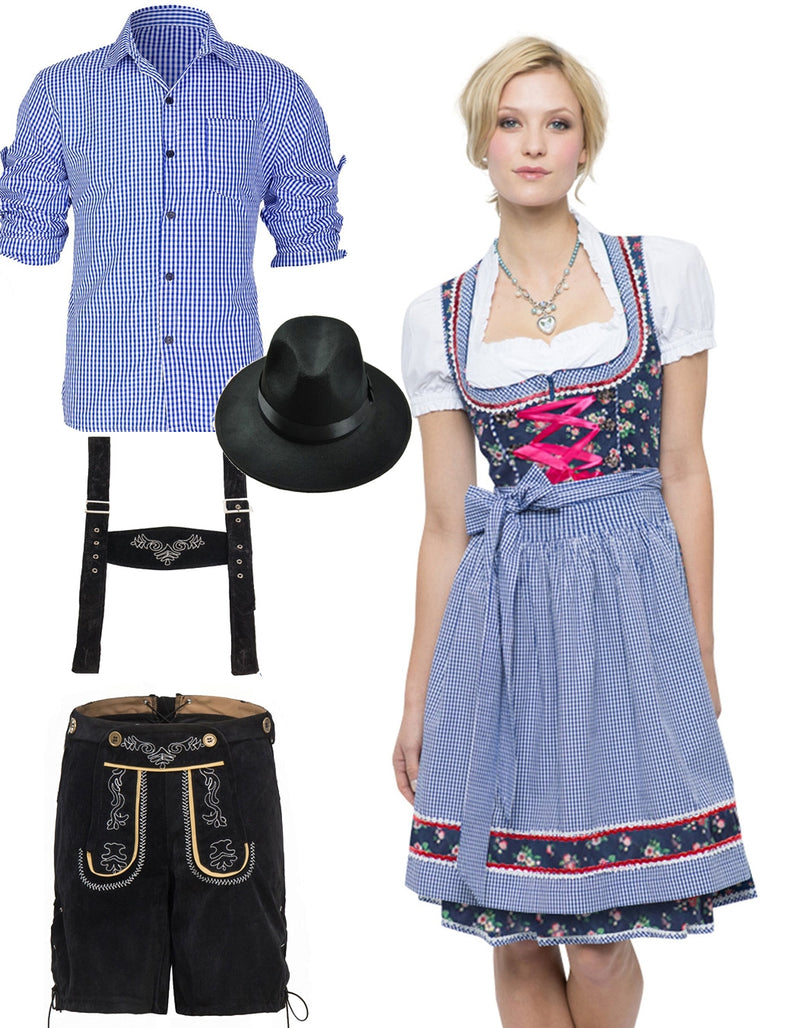 Oktoberfest couples costume set - womens floral dirndl with gingham apron and mens blue gingham shirt, black lederhosen shorts, suspenders and black felt hat