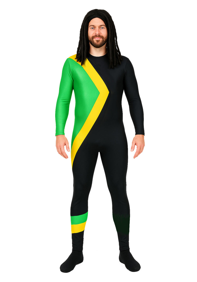 Mens Jamaican Bobsled Costume - Black Athletic Jumpsuit with Green Yellow Stripes