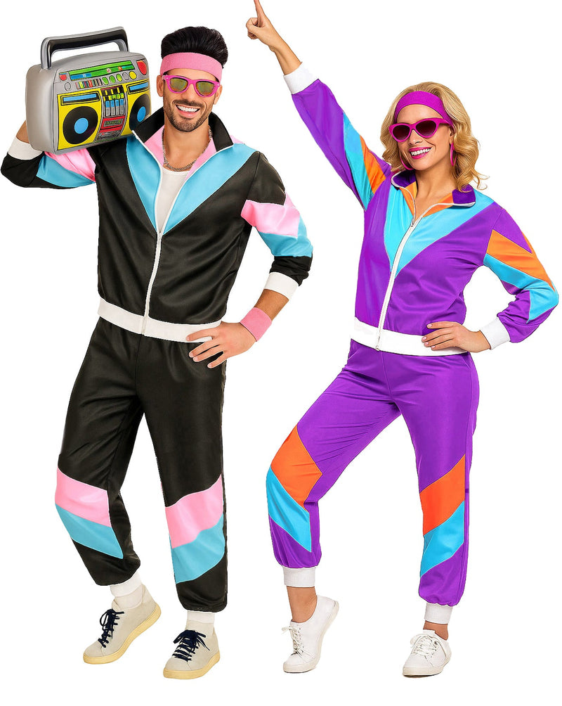 Couple 80s Shell Suit Dress Up Black Purple track Suit