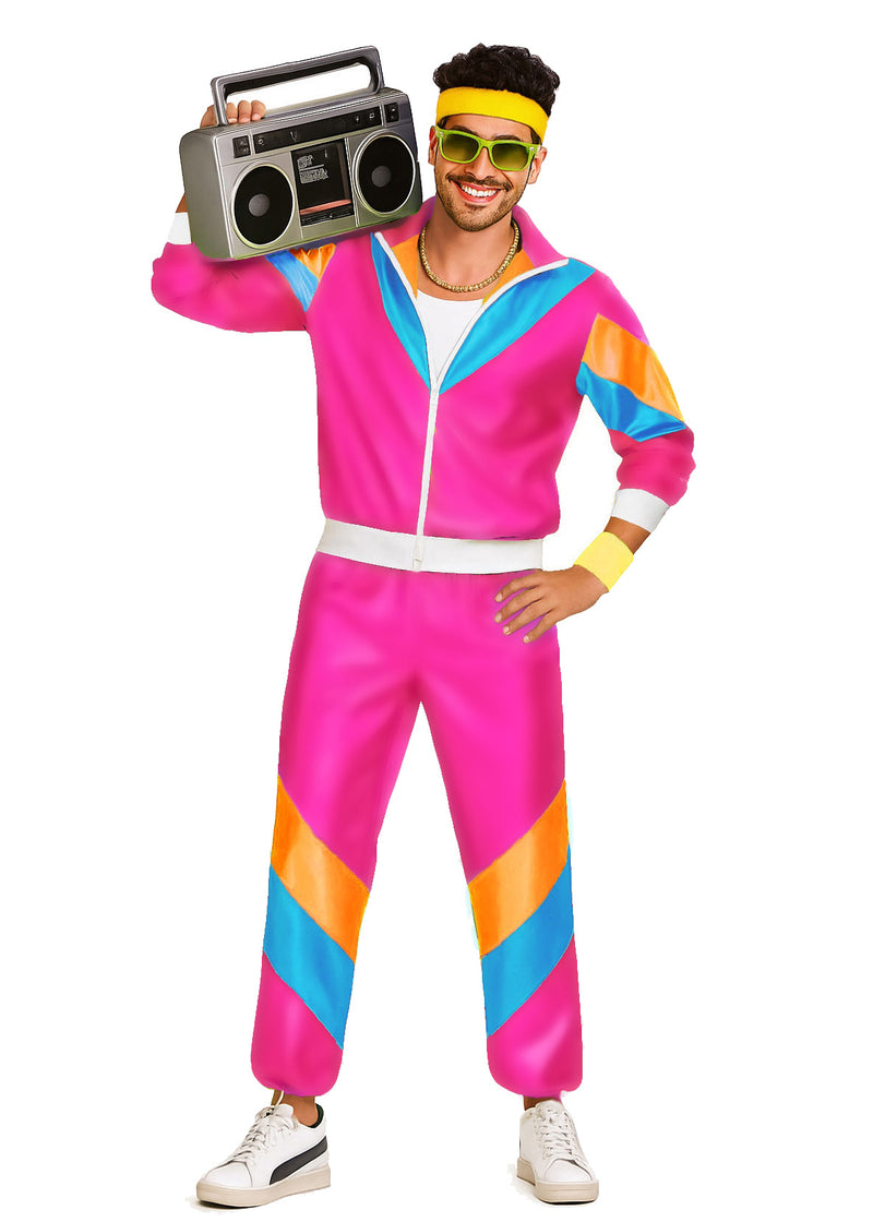 Mens 80s Shell Suit Costume - Hot Pink Retro Tracksuit Set