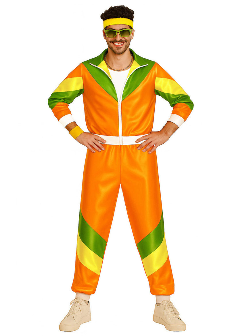 Mens 80s Tracksuit Costume - Retro Orange Shell Suit & Headband