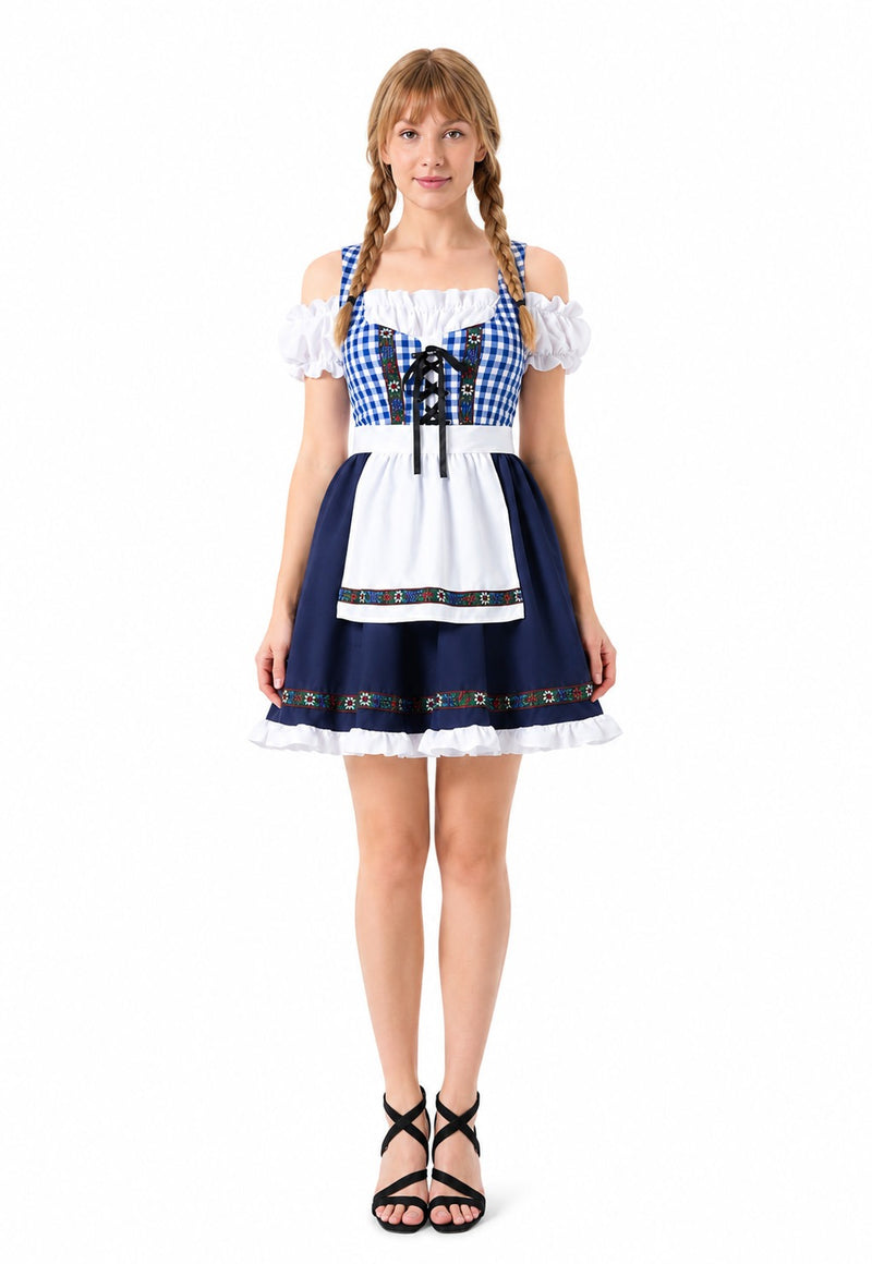 Woman wearing blue Oktoberfest dirndl costume gingham bodice white apron and navy skirt front view