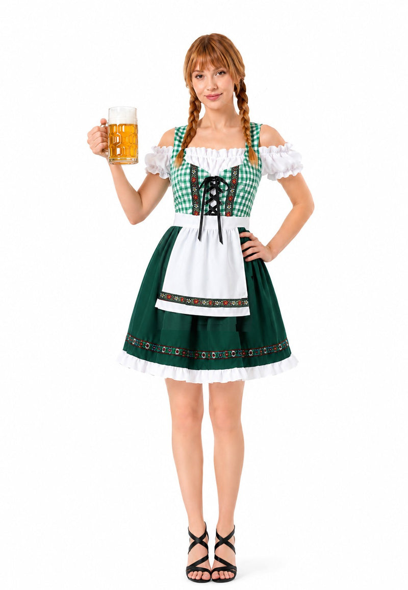 Woman wearing green Oktoberfest dirndl costume gingham bodice white apron and green skirt front view