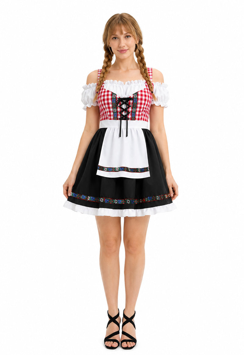 Woman wearing red Oktoberfest dirndl costume with red gingham bodice white apron and black skirt front view