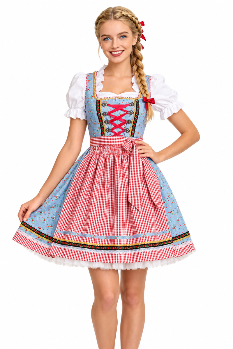 Womens Bavarian Beer Maid Dirndl Costume - Blue Floral Bodice with Gingham Apron