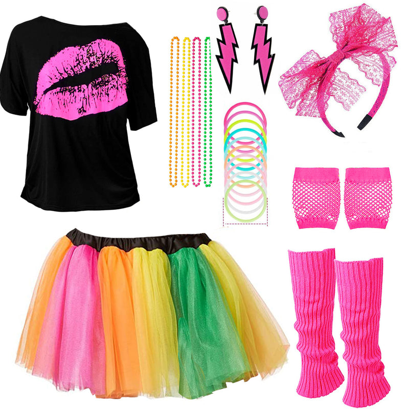 Ladies 80s Costume Hot Pink T-Shirt Rainbow Tutu set
