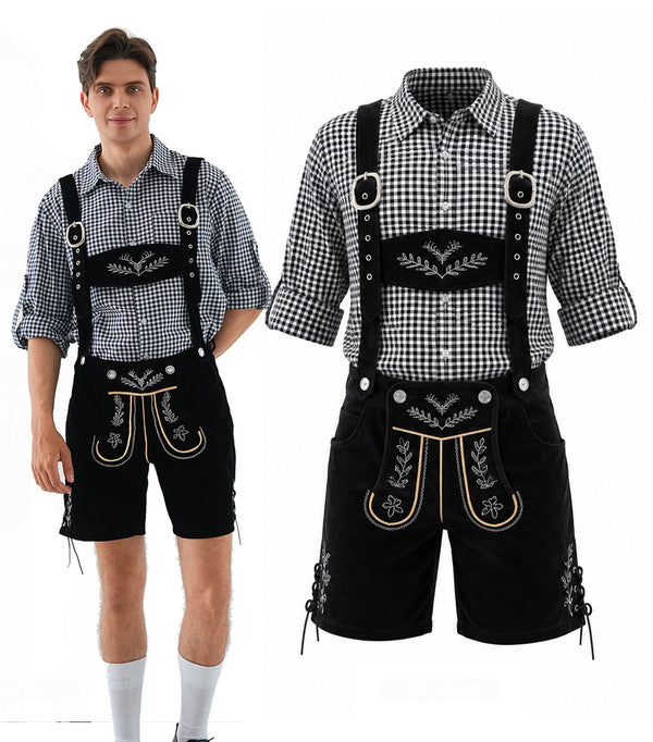Mens Oktoberfest Lederhosen Costume - Black Bavarian Shorts and Check Shirt Set