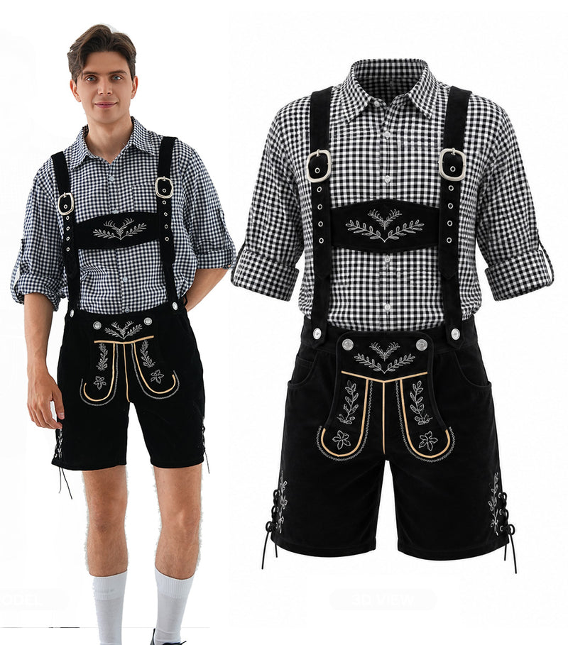 Mens Oktoberfest Lederhosen Costume - Black Bavarian Shorts and Check Shirt Set