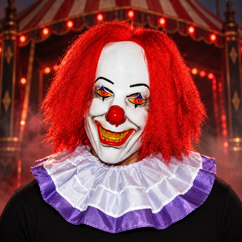 Adult Evil Clown Latex Mask with Red Hair and Ruffled Collar