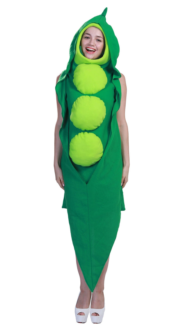 Kids pea pod costume laid flat showing full tunic shape and hood
