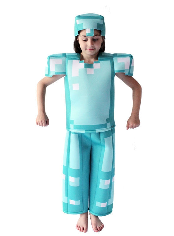 Front view of block game warrior costume showing structured shoulder pads and 8-bit grid pattern
