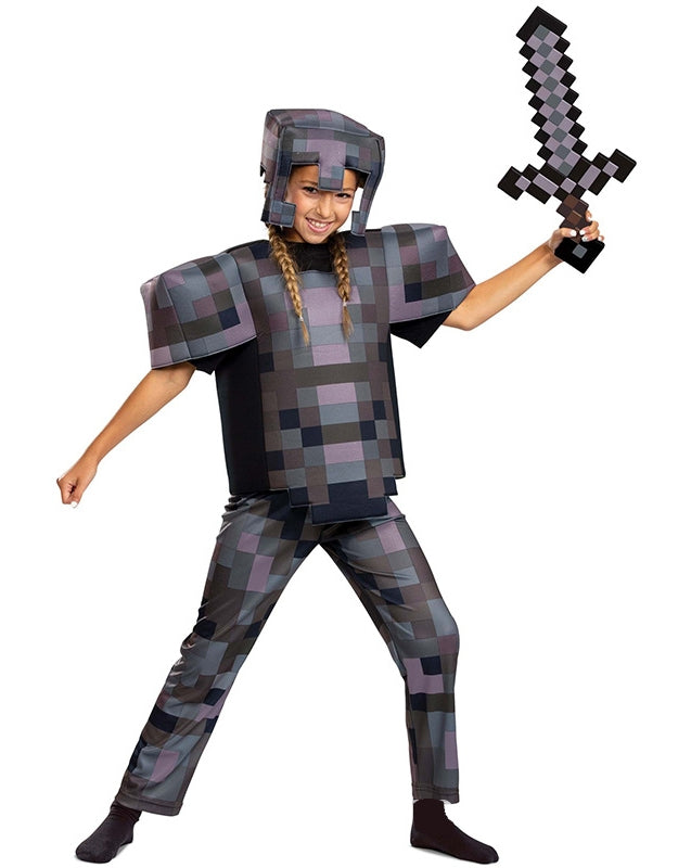 Child wearing grey pixelated block game warrior armor costume with 3D helmet