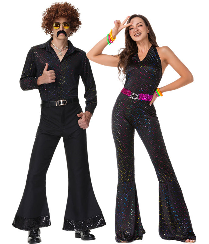 Women's 70s Disco Jumpsuit - Black Sparkle Flares & Hot Pink Belt