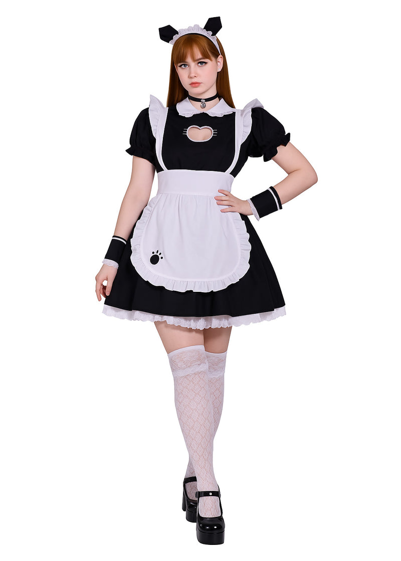 Child wearing black cat maid costume with white apron and cat ear headband