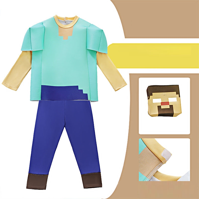 Child wearing blocky builder costume with turquoise tunic and structured square shoulders